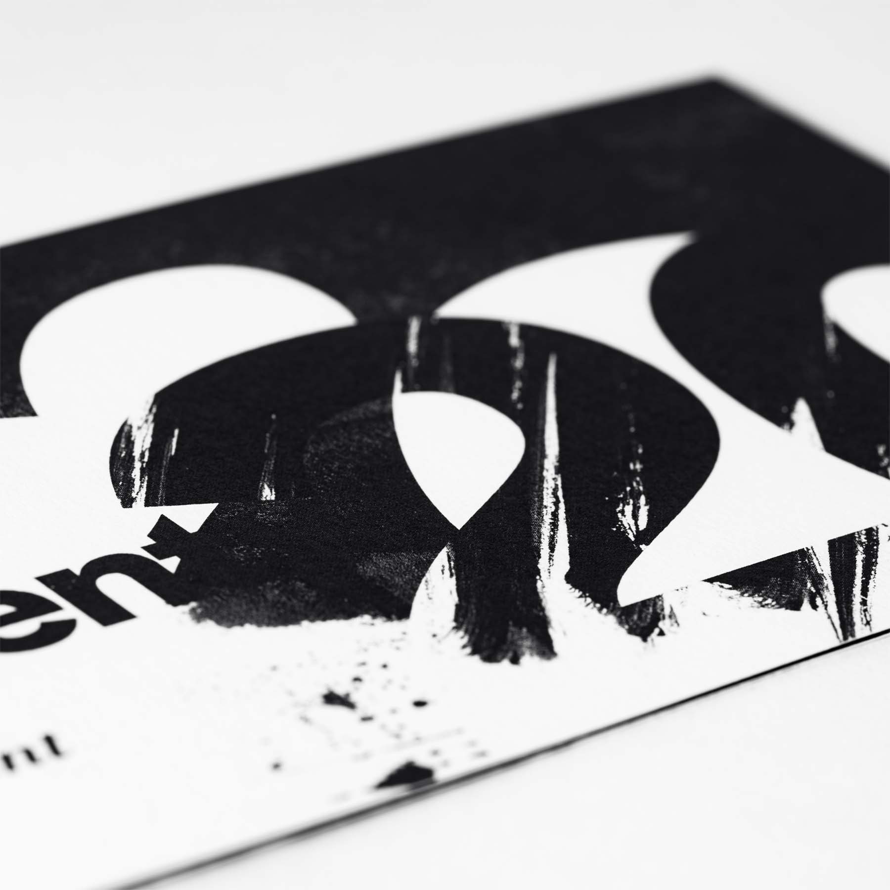 Detail of 2020 typographic treatment on Pandemic black and white graduation announcement card.